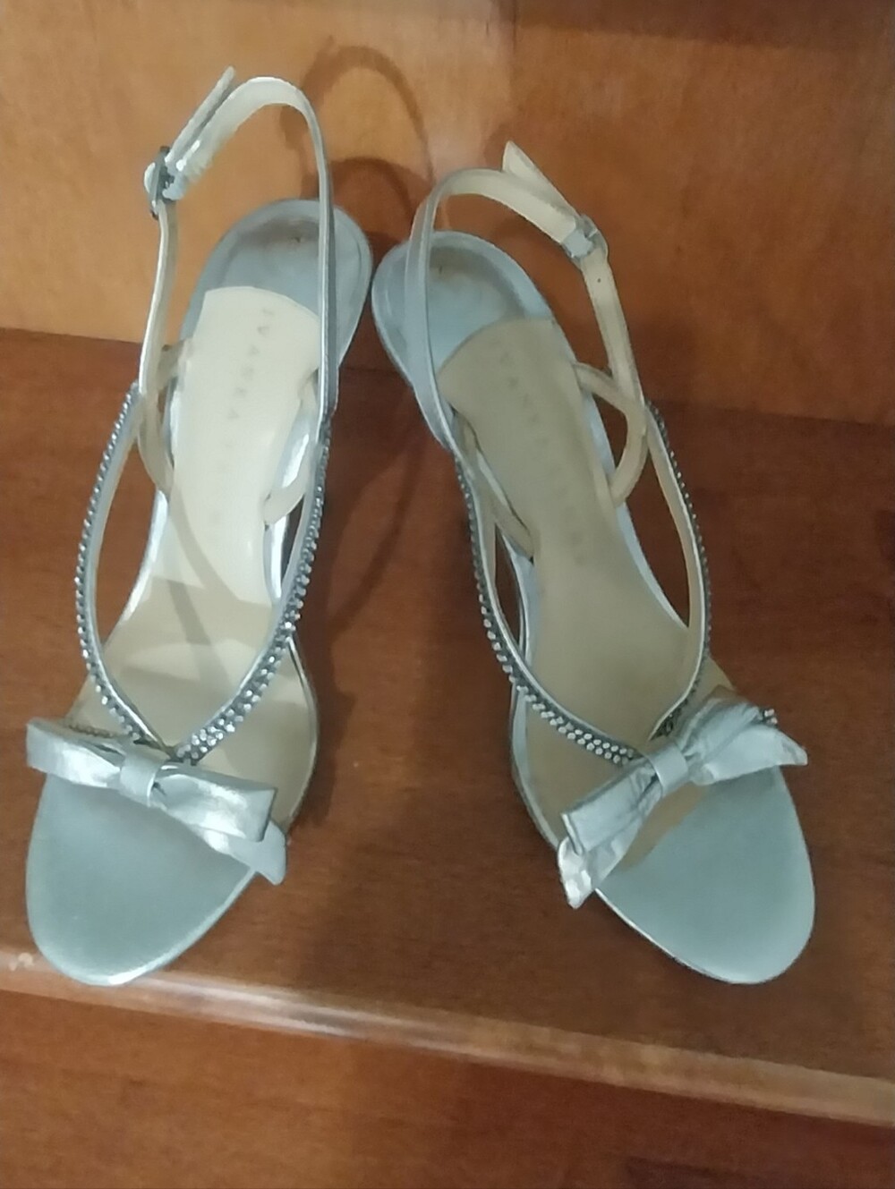Ivanka Trump Leather  Silver Bow T-Strap Slingback Heels